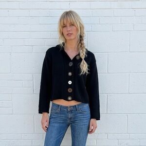 Pure Handknit Black Chunky Knit Sweater Artsy Wood Buttons Size M/L Lagenlook